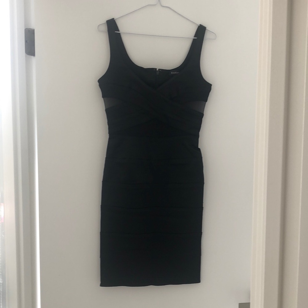 BEBE Black Satin Bodycon Dress Mesh Details, S